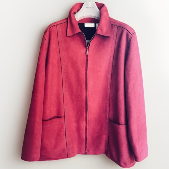 Alfred Dunner Jacket Full Zip Red Embroidered Pockets Faux Suede UnLined Size 18 - Picture 1 of 14